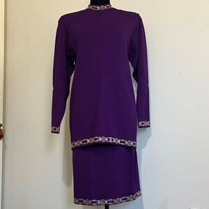 St John Evening Vintage Purple Skirt Set Gold Accents US 6